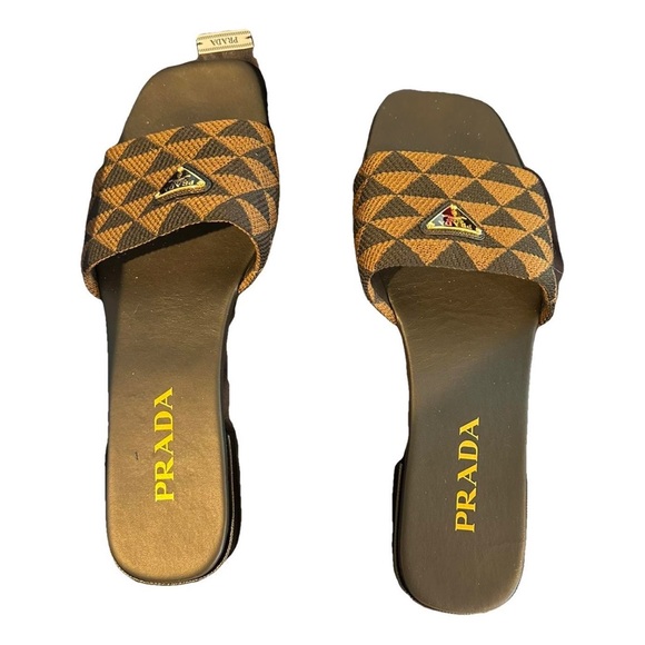 Prada Geometric Brown Slide Sandals - Picture 1 of 6